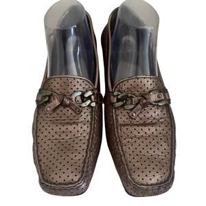 Stuart Weitzman Metallic Perforated Leather Chain Loafers Preppy Luxury 9.5